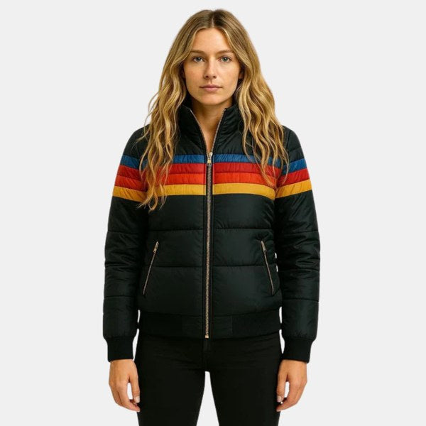 Veronique | Women's Retro Hooded Puffer Jacket, Striped Padded Autumn Coat | Animated Apparel