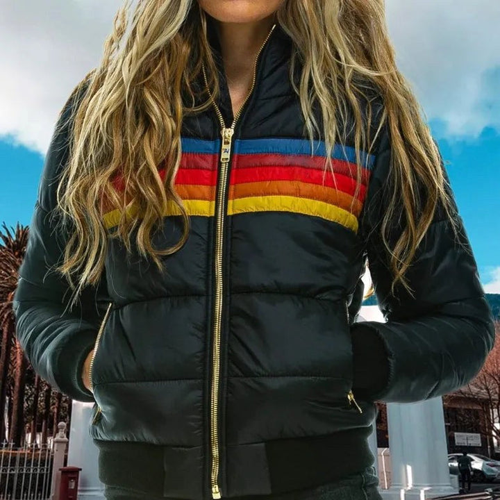 Veronique | Women's Retro Hooded Puffer Jacket, Striped Padded Autumn Coat | Animated Apparel