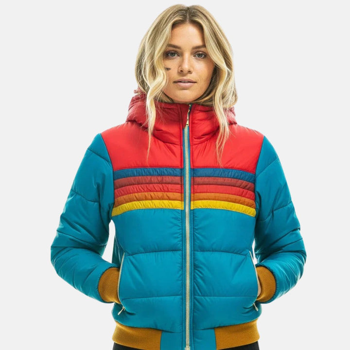 Veronique | Women's Retro Hooded Puffer Jacket, Striped Padded Autumn Coat | Animated Apparel
