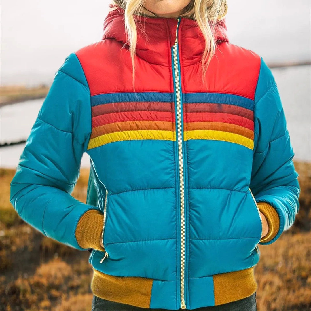 Veronique | Women's Retro Hooded Puffer Jacket, Striped Padded Autumn Coat | Animated Apparel