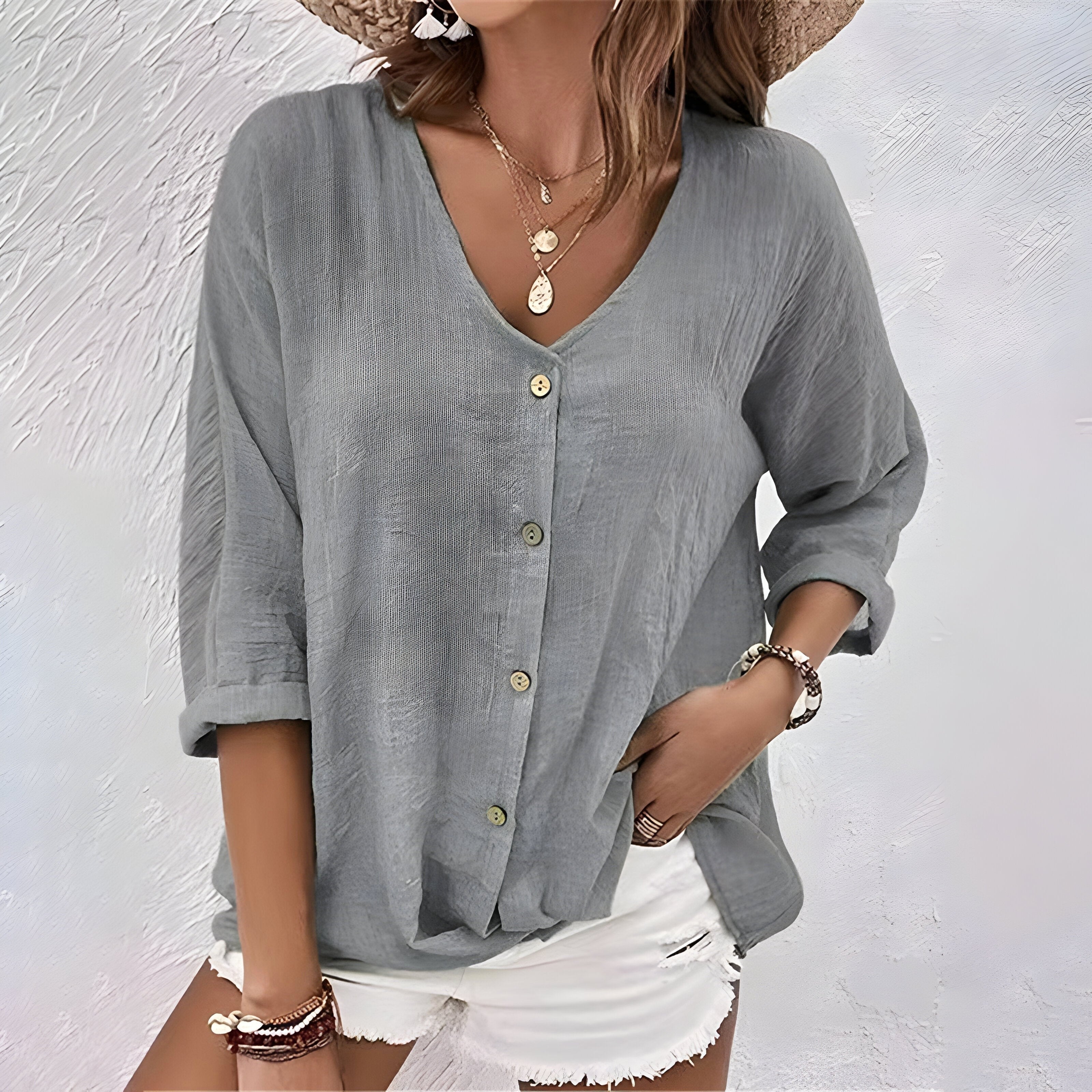 Victoria | Women's Relaxed Button-Up Blouse - Khaki
