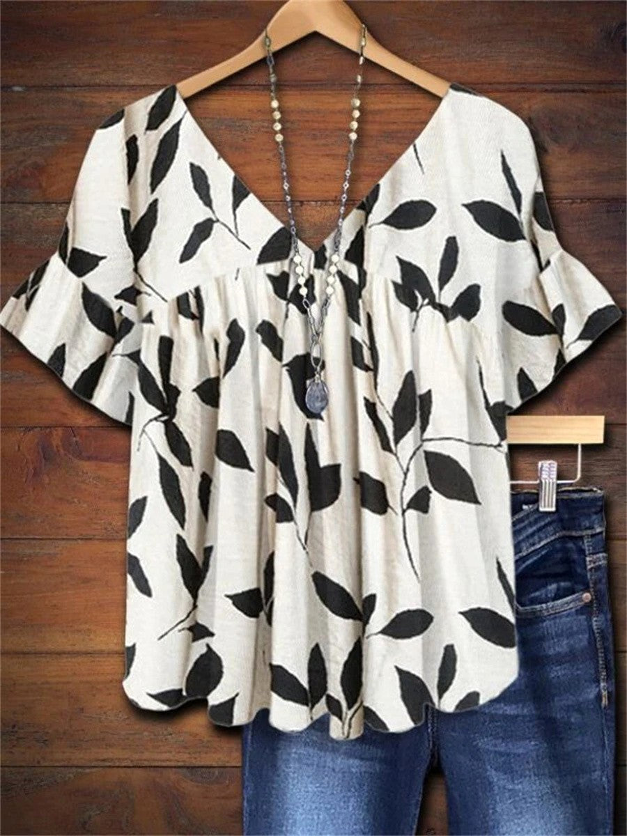 Victoria | Women's Ruffled V-Neck Short Sleeve Top - White