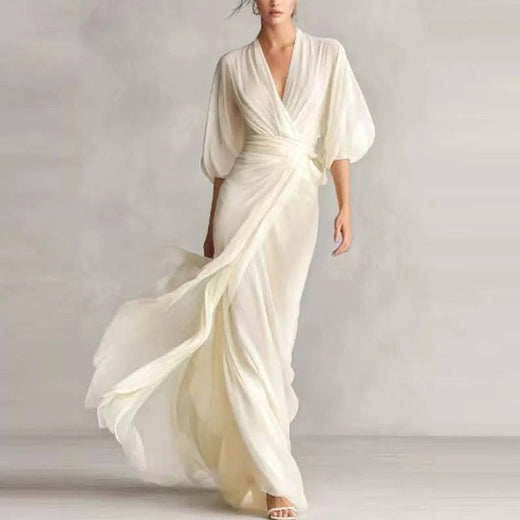 Victoria | Women's V-Neck Chiffon Midi Dress - White
