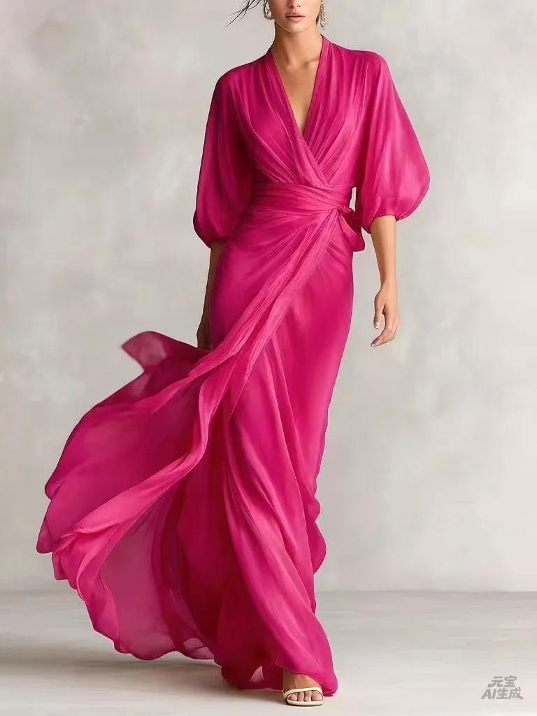 Victoria | Women's V-Neck Chiffon Midi Dress - Rose Red