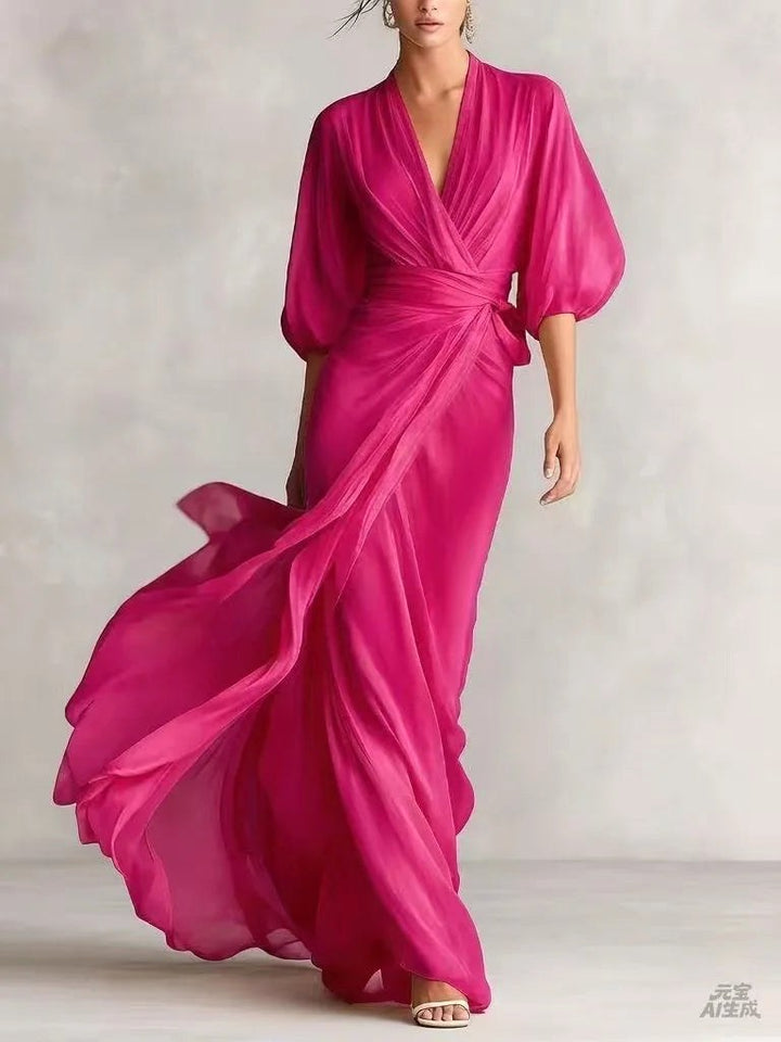 Victoria | Women's V-Neck Chiffon Midi Dress - Rose Red