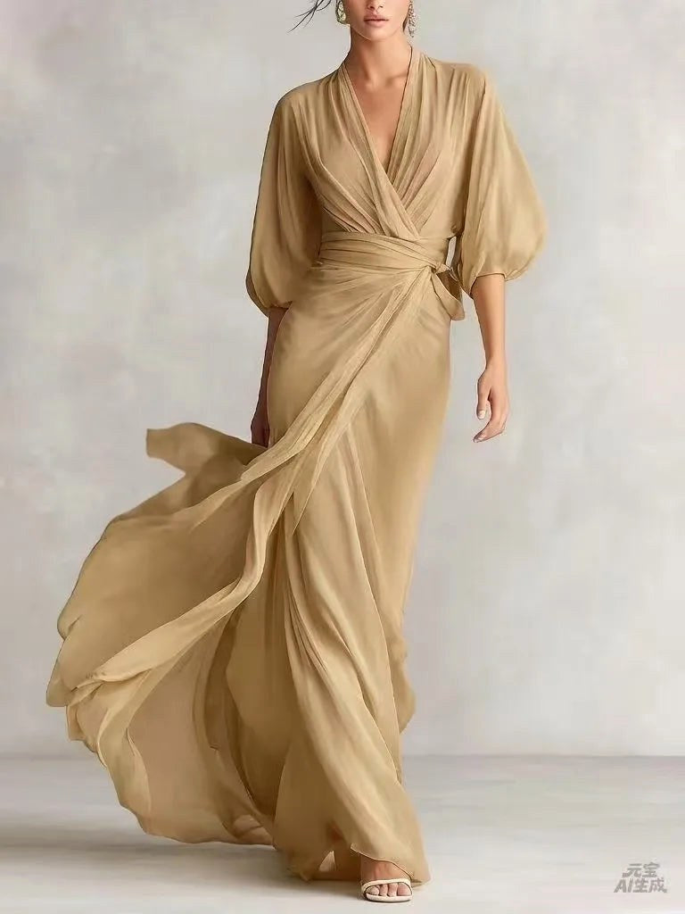 Victoria | Women's V-Neck Chiffon Midi Dress - Khaki