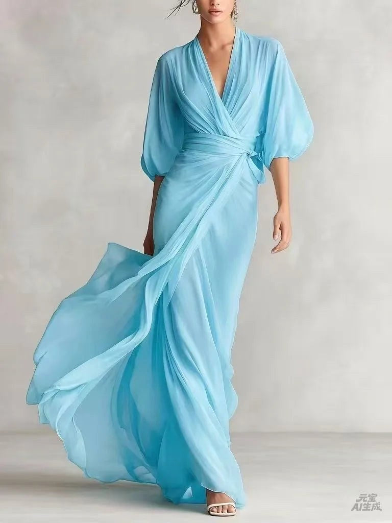 Victoria | Women's V-Neck Chiffon Midi Dress - Sky Blue
