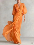 Victoria | Women's V-Neck Chiffon Midi Dress - Orange