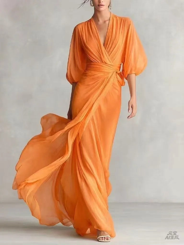 Victoria | Women's V-Neck Chiffon Midi Dress - Orange