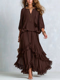 Abigail | Women's V-Neck Tie Blouse with Layered Maxi Skirt, Two-Piece Set | Animated Apparel