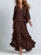 Abigail | Women's V-Neck Tie Blouse with Layered Maxi Skirt, Two-Piece Set | Animated Apparel