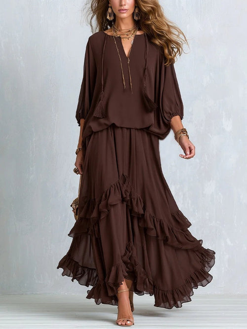 Abigail | Women's V-Neck Tie Blouse with Layered Maxi Skirt, Two-Piece Set | Animated Apparel