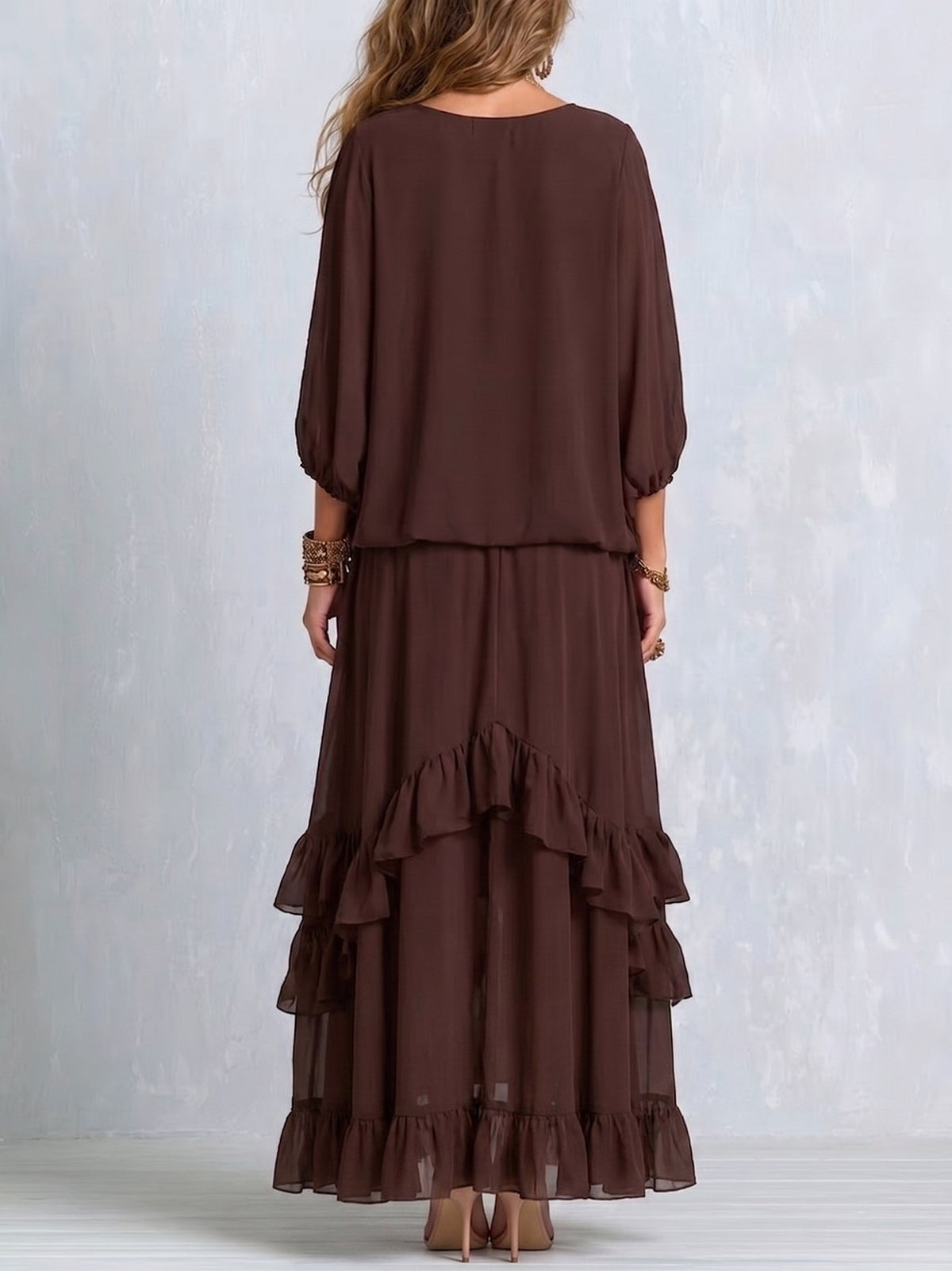 Abigail | Women's V-Neck Tie Blouse with Layered Maxi Skirt, Two-Piece Set | Animated Apparel