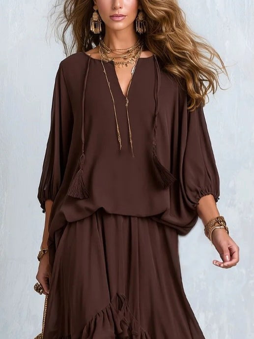 Abigail | Women's V-Neck Tie Blouse with Layered Maxi Skirt, Two-Piece Set | Animated Apparel