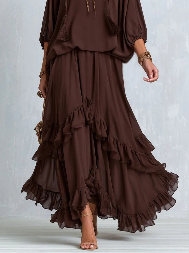 Abigail | Women's V-Neck Tie Blouse with Layered Maxi Skirt, Two-Piece Set | Animated Apparel