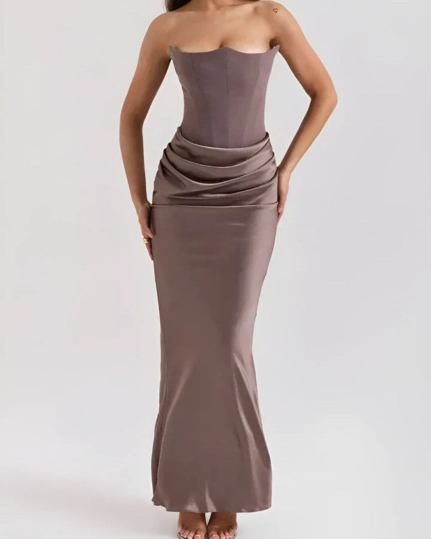 Viviane | Women's Strapless Draped Maxi Dress, Corset-Bodice Evening Dress | Animated Apparel | Brown