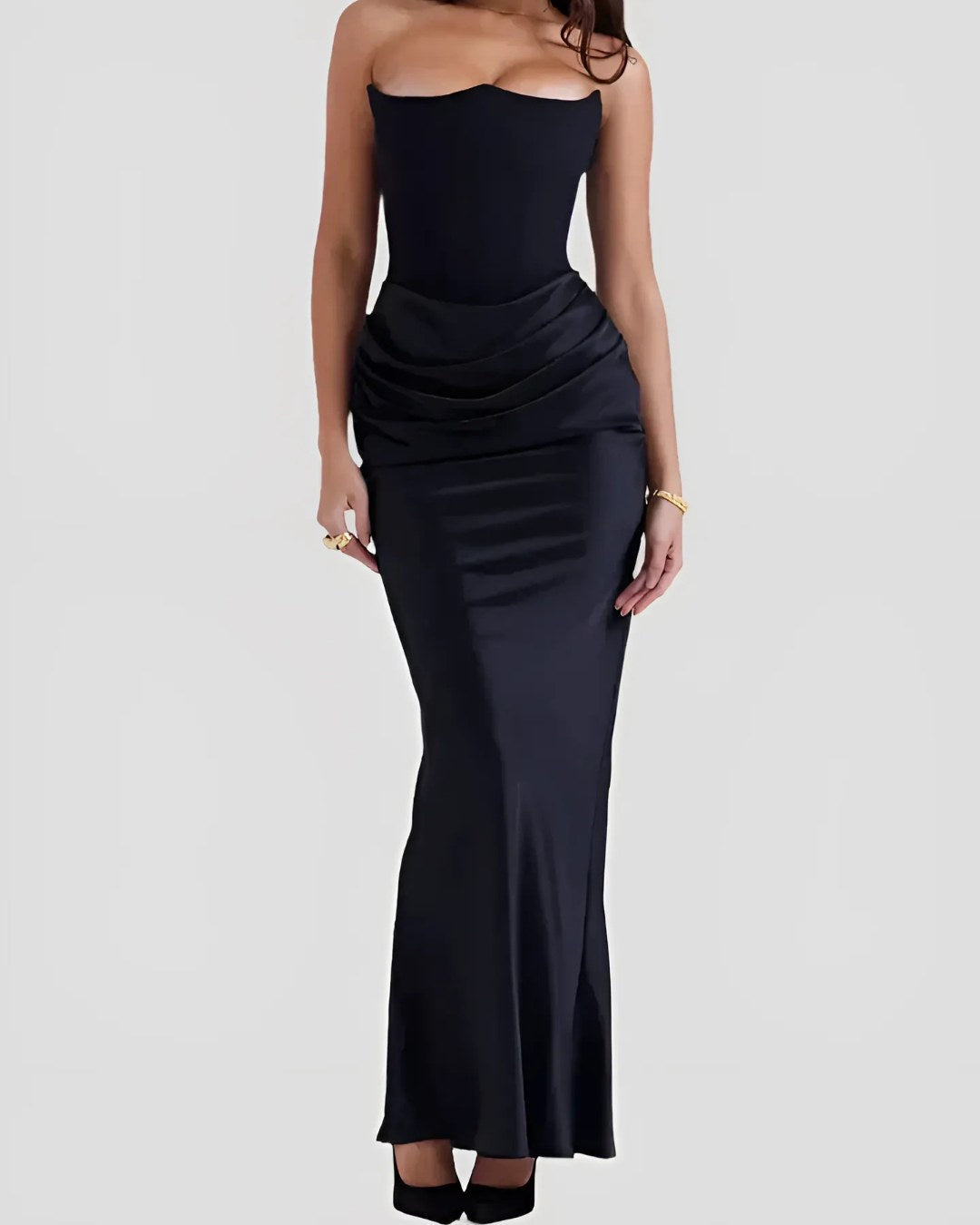 Viviane | Women's Strapless Draped Maxi Dress, Corset-Bodice Evening Dress | Animated Apparel | Red
