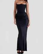 Viviane | Women's Strapless Draped Maxi Dress, Corset-Bodice Evening Dress | Animated Apparel | Red
