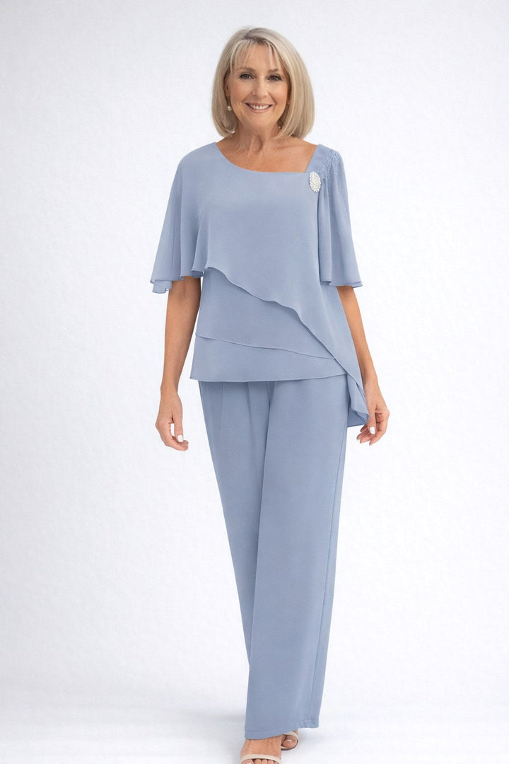 Vivienne | Women's Chiffon Cape Two-Piece Set - Light Blue