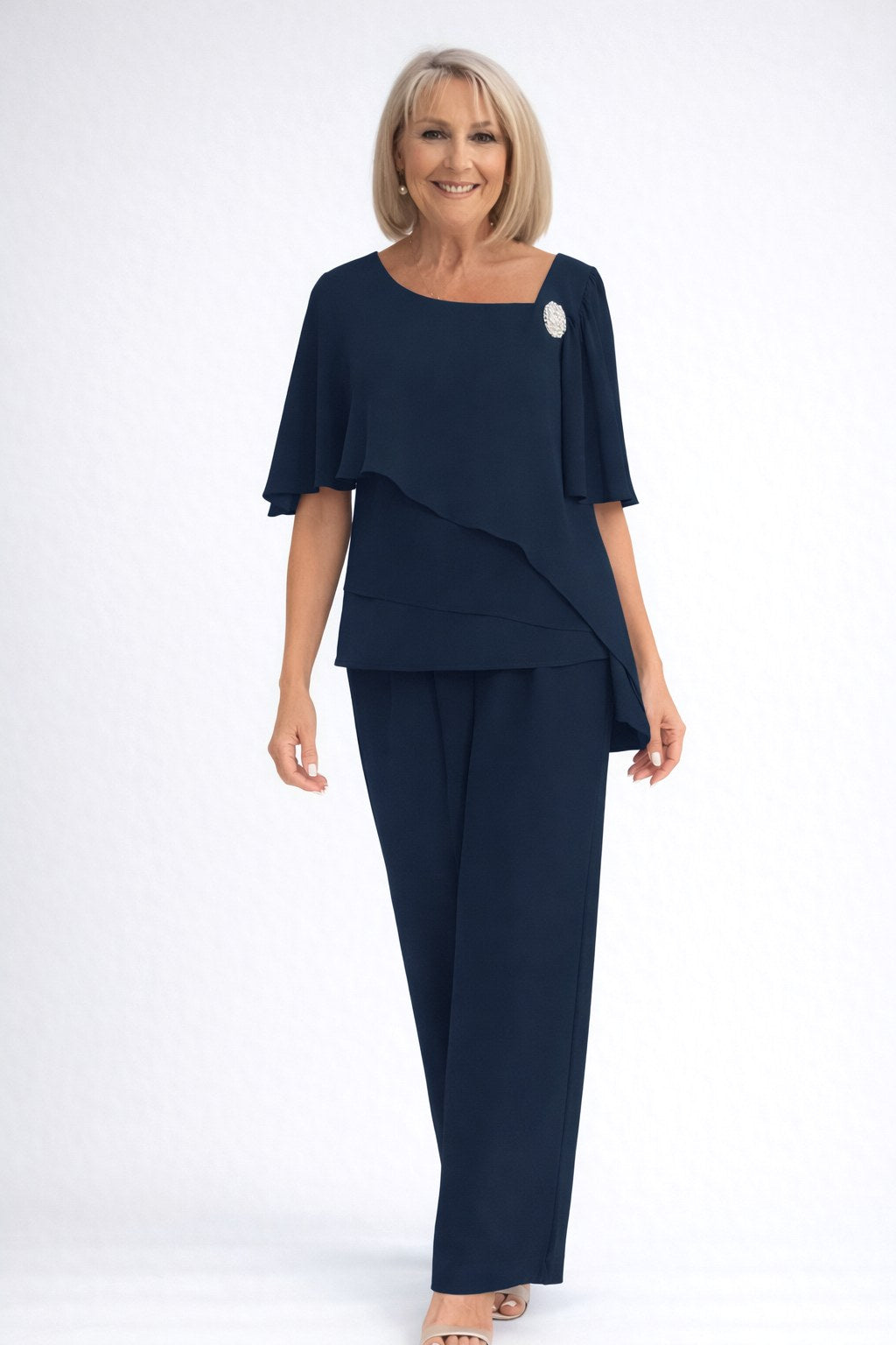 Vivienne | Women's Chiffon Cape Two-Piece Set - Navy Blue