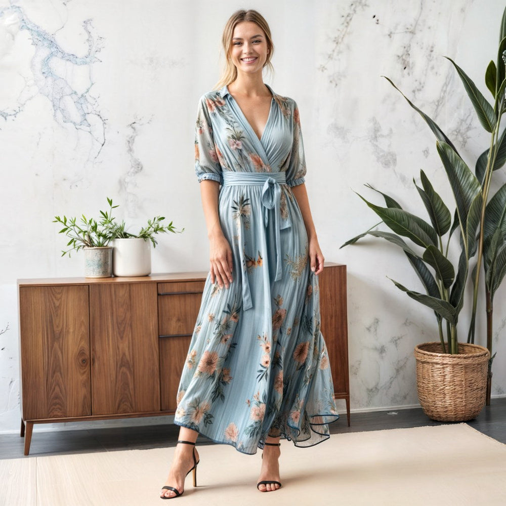 Vivienne | Women's Light Blue Wrap Midi Dress - image 2
