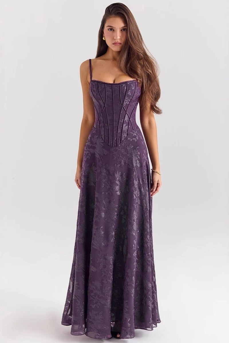 Vivienne | Women's Spaghetti Strap Floral Chiffon Maxi Dress - Purple