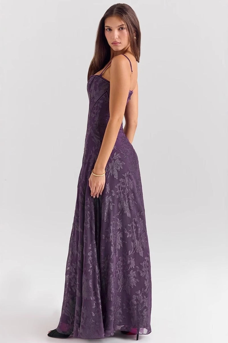 Vivienne | Women's Spaghetti Strap Floral Chiffon Maxi Dress - Black