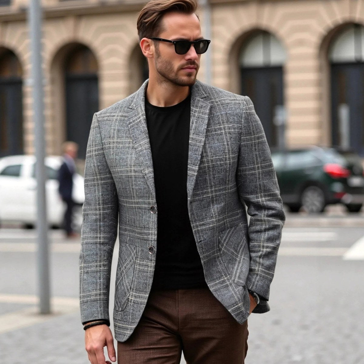 Warren | Men's Checked Lightweight Slim Fit Blazer, Smart Casual Blazer Suit | Animated Apparel | Brown
