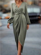 Weronika | Women's Satin Wrap Dress with Long Sleeves, Elegant Evening Dress | Animated Apparel