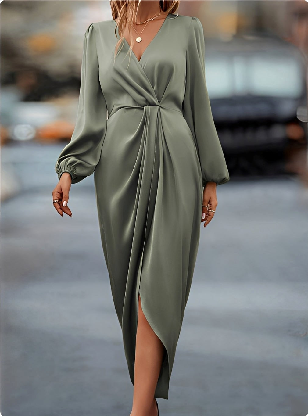 Weronika | Women's Satin Wrap Dress with Long Sleeves, Elegant Evening Dress | Animated Apparel
