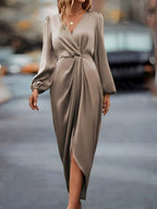 Weronika | Women's Satin Wrap Dress with Long Sleeves, Elegant Evening Dress | Animated Apparel