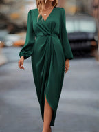 Weronika | Women's Satin Wrap Dress with Long Sleeves, Elegant Evening Dress | Animated Apparel