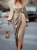 Weronika | Women's Satin Wrap Dress with Long Sleeves, Elegant Evening Dress | Animated Apparel