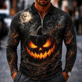 Wesley | Men's Halloween Pumpkin Print Polo Shirt, Zip Long-Sleeve Collared Shirt | Animated Apparel | Black