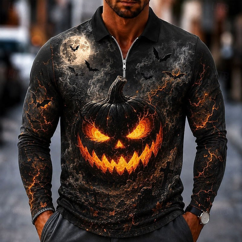 Wesley | Men's Halloween Pumpkin Print Polo Shirt, Zip Long-Sleeve Collared Shirt | Animated Apparel | Black