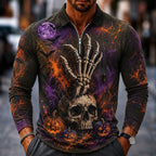 Wesley | Men's Halloween Pumpkin Print Polo Shirt, Zip Long-Sleeve Collared Shirt | Animated Apparel | Purple