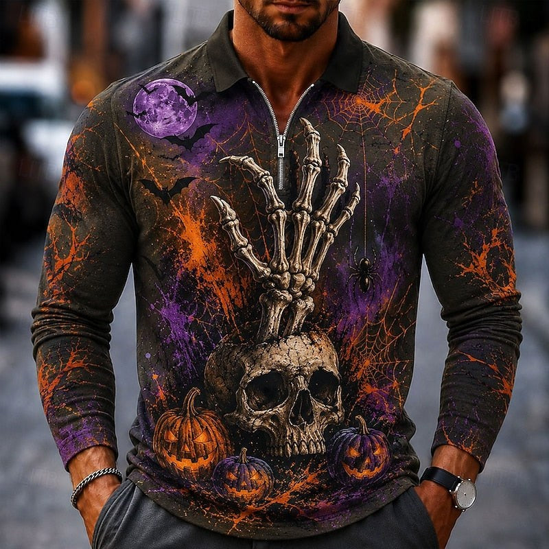 Wesley | Men's Halloween Pumpkin Print Polo Shirt, Zip Long-Sleeve Collared Shirt | Animated Apparel | Purple
