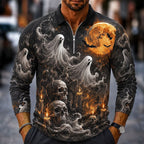 Wesley | Men's Halloween Pumpkin Print Polo Shirt, Zip Long-Sleeve Collared Shirt | Animated Apparel | Orange