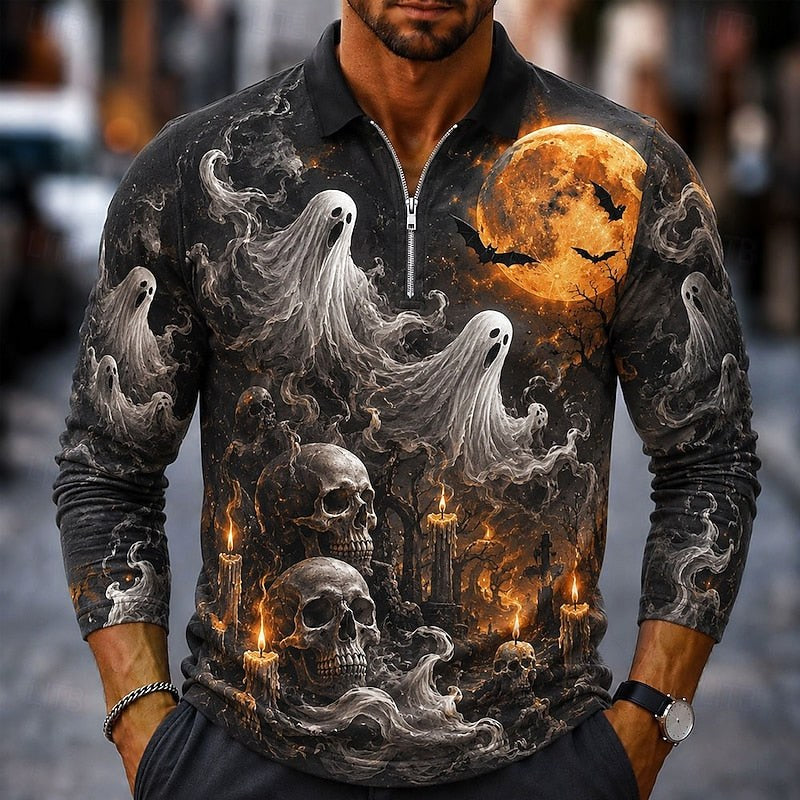 Wesley | Men's Halloween Pumpkin Print Polo Shirt, Zip Long-Sleeve Collared Shirt | Animated Apparel | Orange