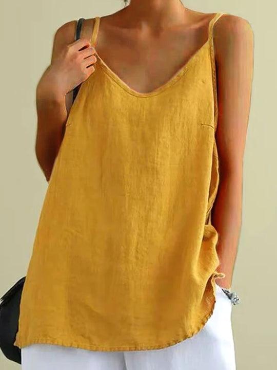 Willow | Women's Linen V-Neck Spaghetti Strap Cami Top - Yellow