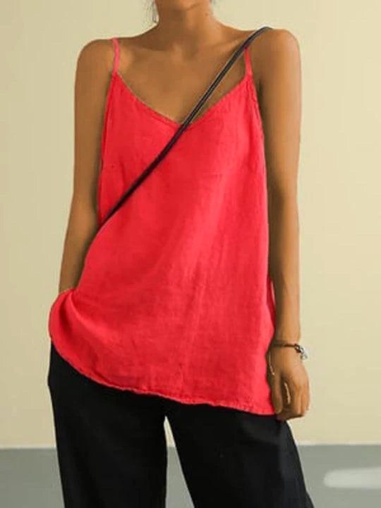 Willow | Women's Linen V-Neck Spaghetti Strap Cami Top - Red