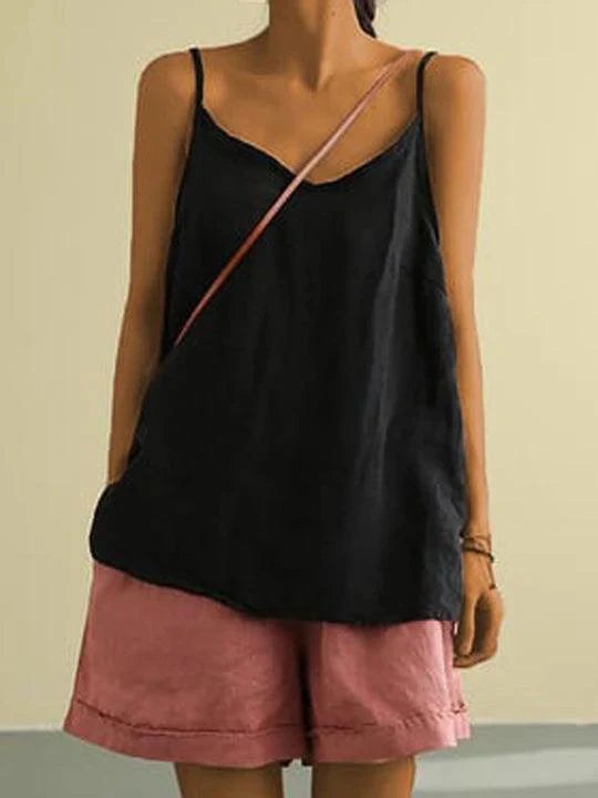 Willow | Women's Linen V-Neck Spaghetti Strap Cami Top - Black