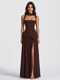Willow | Women's Sculpted Satin-Feel Maxi Dress, Draped Evening Dress | Animated Apparel | Brown