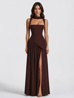 Willow | Women's Sculpted Satin-Feel Maxi Dress, Draped Evening Dress | Animated Apparel | Brown