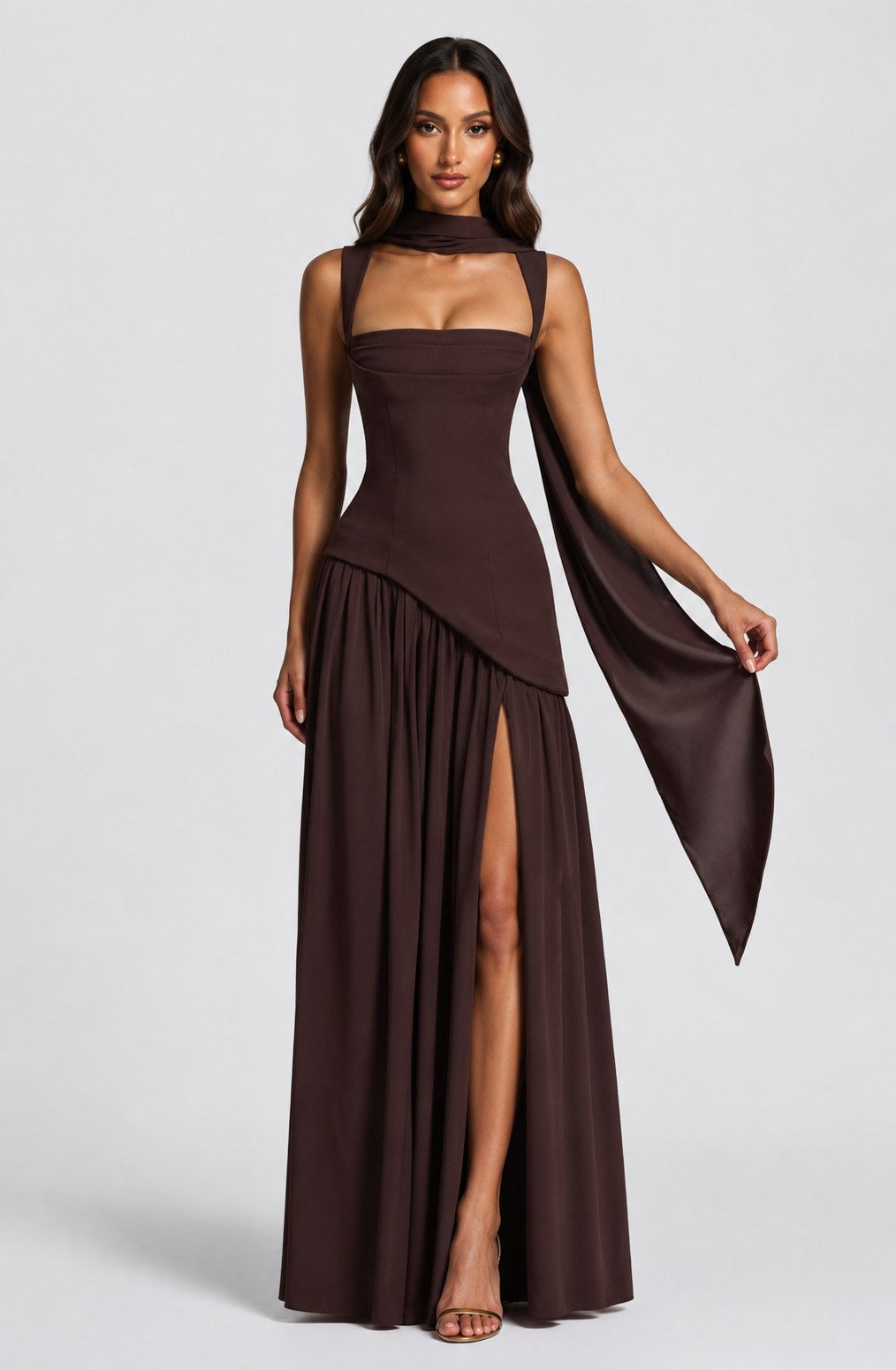 Willow | Women's Sculpted Satin-Feel Maxi Dress, Draped Evening Dress | Animated Apparel | Burgundy