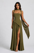Willow | Women's Sculpted Satin-Feel Maxi Dress, Draped Evening Dress | Animated Apparel