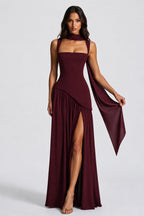 Willow | Women's Sculpted Satin-Feel Maxi Dress, Draped Evening Dress | Animated Apparel