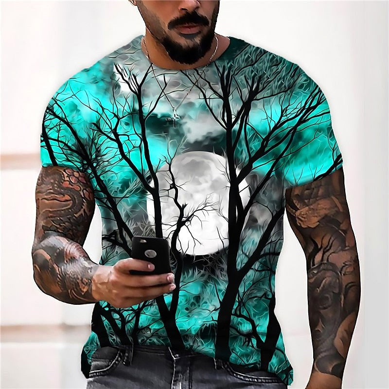 Wyatt | Men's Halloween Moon Graphic Crew Neck T-Shirt, Seasonal Autumn Tee | Animated Apparel | Blue