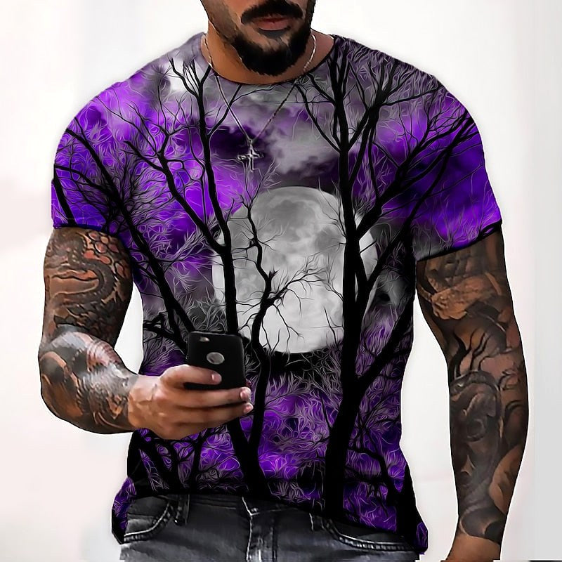 Wyatt | Men's Halloween Moon Graphic Crew Neck T-Shirt, Seasonal Autumn Tee | Animated Apparel | Gray