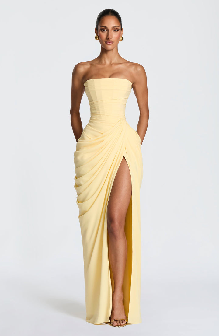Yvette | Women's Strapless Maxi Dress, Ruched Waist Evening Dress | Animated Apparel | Yellow